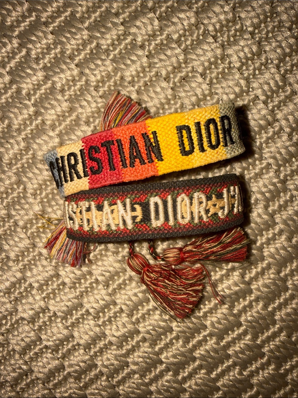 Dior Multicolor Woven Logo Friendship Bracelets — Yellow, Red, Green